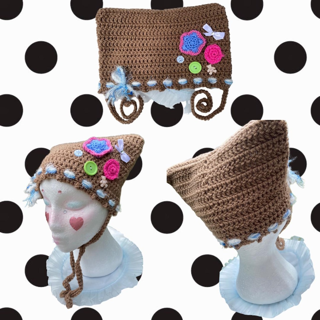 Handmade Crochet Cat Ear Bonnet Buttons, Ribbons, a Crochet Star, and a ...