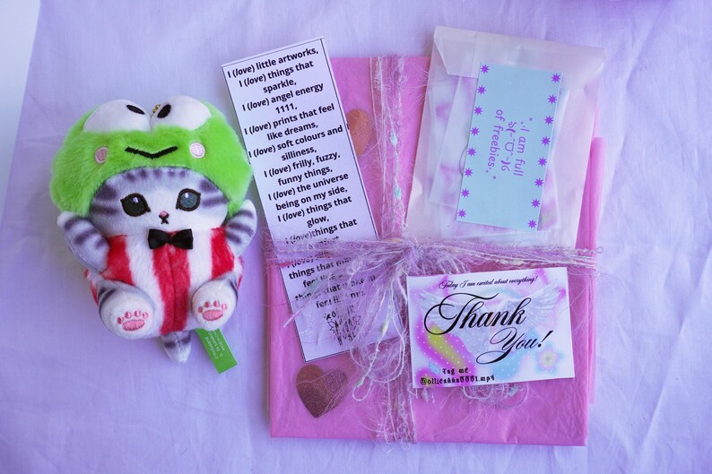 May include: A plush cat toy wearing a green frog hat and a red and white striped outfit. A pink package tied with ribbon and a "Thank You" card are also visible. The image includes text on several small cards.