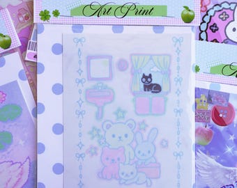 Pastel Bear & Bunny Mini Art Print: Whimsical Kawaii Decor