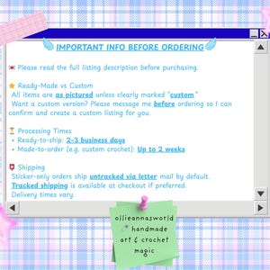 May include: A digital window with text that reads "IMPORTANT INFO BEFORE ORDERING." The text includes information about ready-made versus custom items, processing times, and shipping details. The background is a light blue plaid pattern with pink accents.