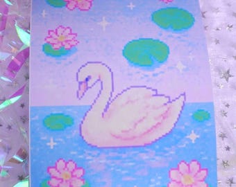 Swan Lake Mini Art Print: Pastel Pixel Art, Kawaii Wall Decor