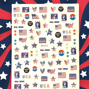 May include: A sheet of nail art stickers featuring a variety of patriotic designs, including stars, hearts, American flags, and the Statue of Liberty. The stickers are in red, white, and blue.