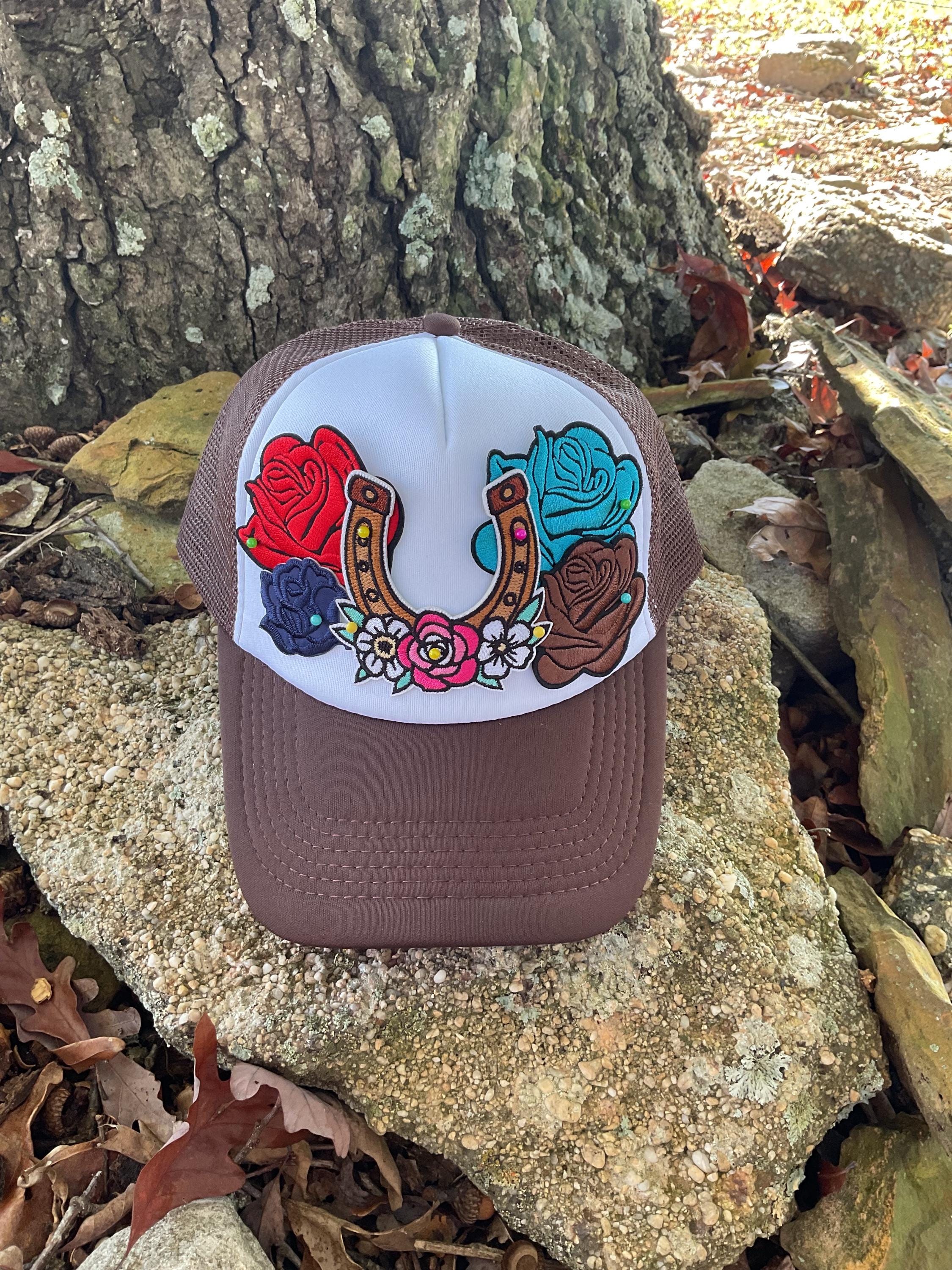 Western Trucker Hat: Horseshoe & Floral Patches, Cowgirl  display picture 2