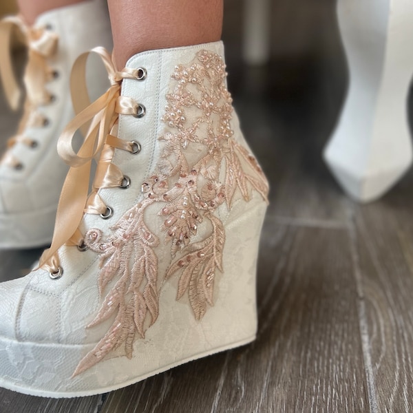 Wedge wedding shoes with champagne lace trim gift for bride, embellished platform sneakers bridesmaid shoes, elegant bridal boots