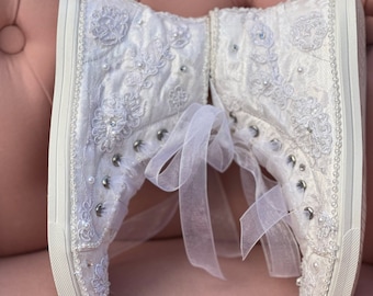 Elegant lace sneakers with crystal and pearl embellishments, perfect for little girls, brides, and first communion gift, wedding comfy shoes