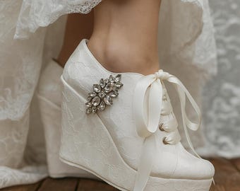Crystal Bridal Platform Sneakers: Lace Custom Wedding Wedge Shoes, Bling Personalized Sneakers for Bride