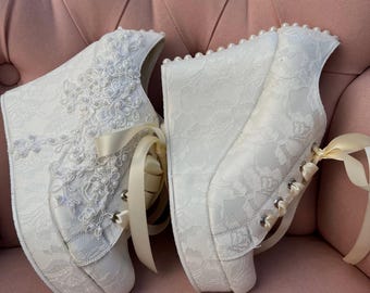 Embroidered Lace Wedding Platform Sneakers: Pearl Bridal Shoes