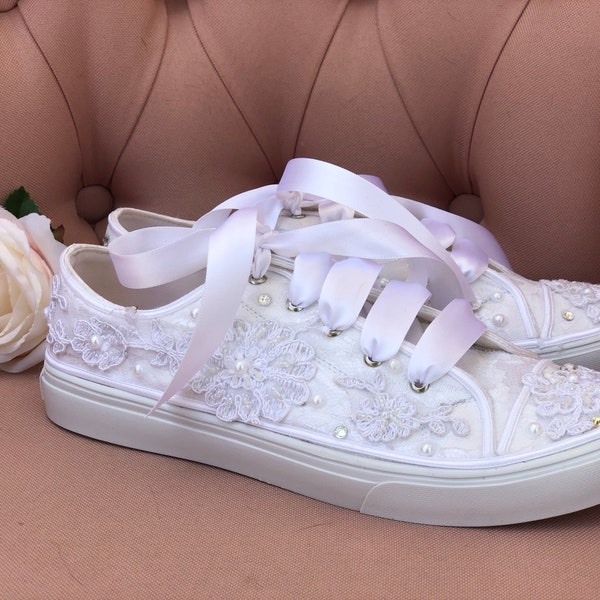 lace sneakers for first communion girl shoes, flower girl shoes with lace appliqué, low heel bridal sneakers, comfy pearl shoes wedding