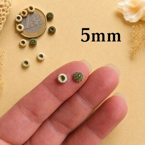 May include: Small, round sea urchin spines in shades of cream and olive green, measuring 5mm in diameter. The collection includes several loose pieces and two held between fingers, displayed alongside a one-euro coin for scale reference.