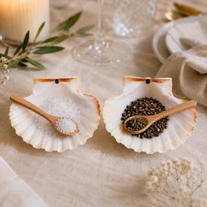 Könnte beinhalten: Zwei weiße Jakobsmuschelschalen als kleine Schalen, eine gefüllt mit grobem weißem Meersalz und die andere mit ganzen schwarzen Pfefferkörnern. In jeder Schale liegt ein kleiner Holzlöffel, der mit dem jeweiligen Gewürz gefüllt ist.