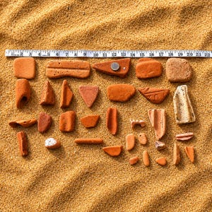 May include: A collection of various terracotta-coloured ceramic shards and fragments arranged in rows. A white measuring tape is positioned above the items, showing a length of 56 cm. A small silver coin rests on one of the larger triangular pieces.