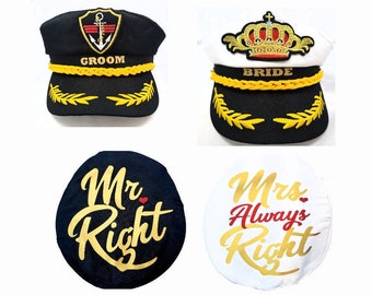 Mr. Right /GROOM or Mrs. Always Right / BRIDE, Cotton Yacht Boat Ship Sailor,Gold Letters, Bachelor,Adjustable,Cruise,Bachelorette