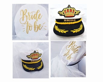 BRIDE TO BE, Deluxe, with Veil , Captain Hat, Gold Letters, Bachelorette, Adjustable hat