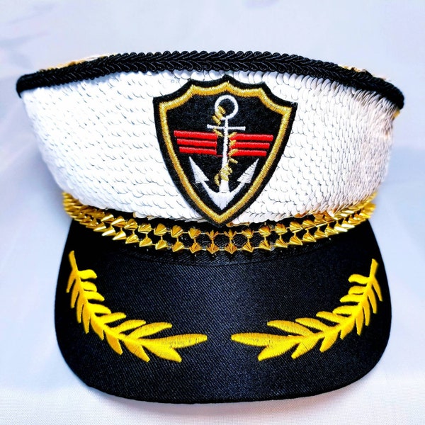 Captain Hat Sequin, White/Gold, Anchor Embroidered Patch,Festival Hat,Rave Attire, Accessories,Pool Party