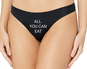 All You Can Eat, Women's Breathable Cotton Thong Pantie (BLACK Color / WHITE Logo).