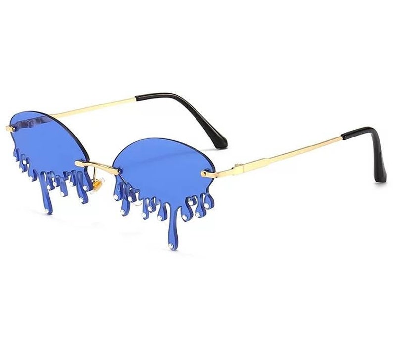 Fun Fashion Crystal Rimless Tears Sunglasses, Candy Red Color, Black, UV400 ROYAL BLUE