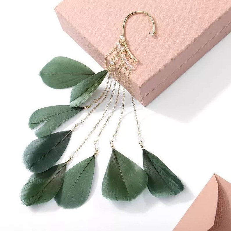 Pair of Ear Crawler Climber2 pieces Womens Tassel Feather Long, Ear Wrap Charm Cuff Earring Non Pierced Drop Dangle Earrings for Women GREEN