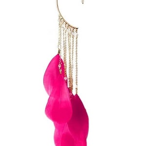 Pair of Ear Crawler Climber2 pieces Womens Tassel Feather Long, Ear Wrap Charm Cuff Earring Non Pierced Drop Dangle Earrings for Women PINK