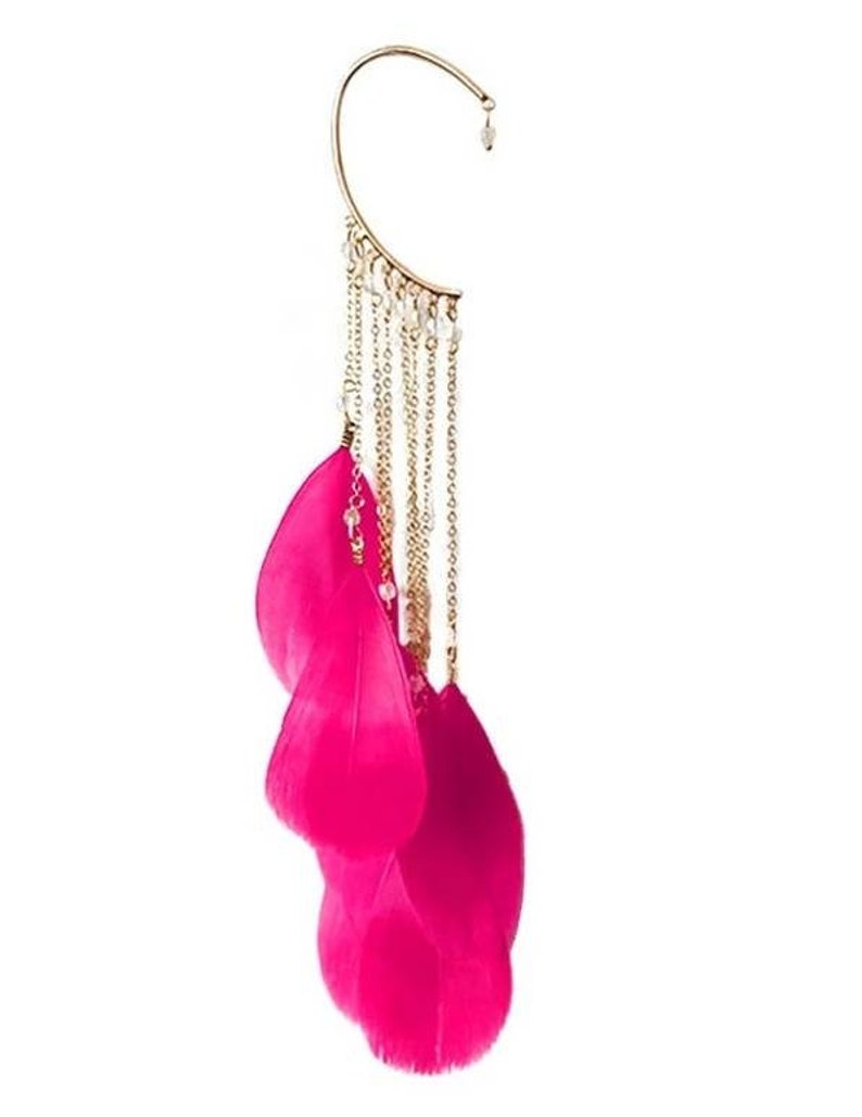 Pair of Ear Crawler Climber2 pieces Womens Tassel Feather Long, Ear Wrap Charm Cuff Earring Non Pierced Drop Dangle Earrings for Women PINK