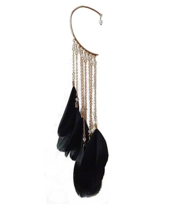 Pair of Ear Crawler Climber2 pieces Womens Tassel Feather Long, Ear Wrap Charm Cuff Earring Non Pierced Drop Dangle Earrings for Women BLACK