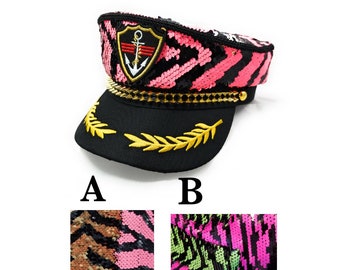 Party Animal, Neon Pink/Black/Gold or "Party Animal Fuchsia  Green Neon",Pride, Festival, Adult Boat Ship Sailor Captain Hat Cap