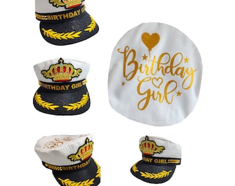 BIRTHDAY GIRL, Cotton Yacht Boat Ship Sailor,Gold Glitter Letters, Birthday,Adjustable,Cruise,