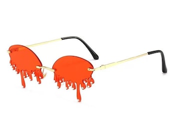 Fun Fashion Crystal Rimless Tears Sunglasses, Candy Red Color, Black, UV400