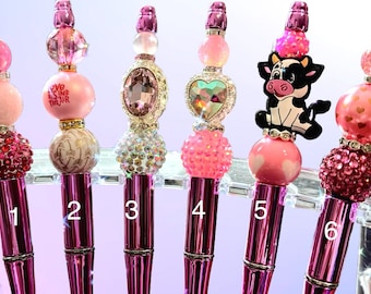 Beaded Pen, Refillable Metal Barrel, Pink Luster Shiny, Sparkling Beads