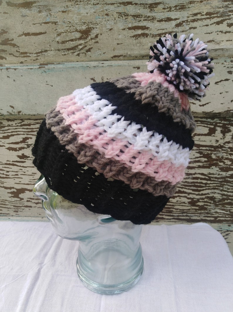 Knitted black gray pink and white beanie hat with fluffy pom pom Winter Stylish Fashion