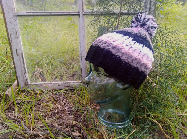 Knitted black gray pink and white beanie hat with fluffy pom pom Winter Stylish Fashion