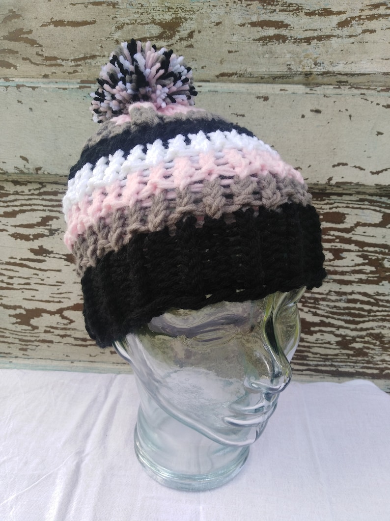 Knitted black gray pink and white beanie hat with fluffy pom pom Winter Stylish Fashion