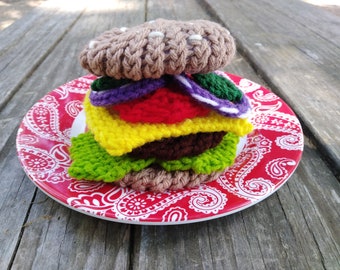 Loom Knitting Hamburger PATTERN - 8 Piece Knitted Plush Toy - Instant Download, PDF Pattern