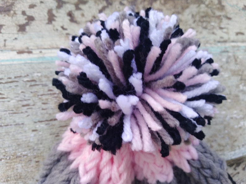 Knitted black gray pink and white beanie hat with fluffy pom pom Winter Stylish Fashion