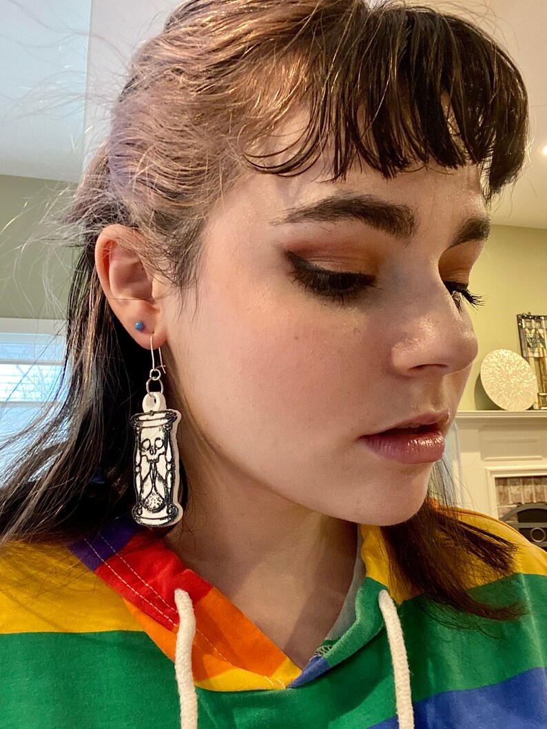 Made to Order Unus Annus Inspired Skull in Hourglass Resin Earrings Memento Mori