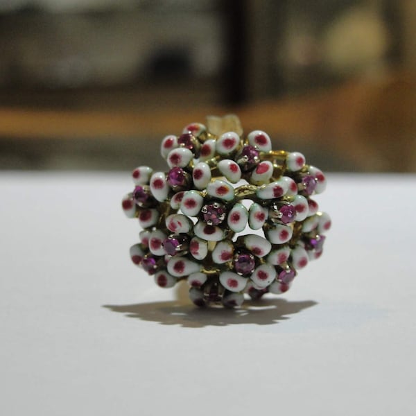 Vintage 18k Yellow Gold Corletto Floral Enamel and Pink Sapphire Ring