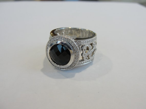 Sterling Silver Antique Style Wide Black Onyx and… - image 1