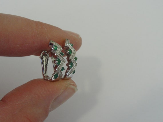 18k White Gold Emerald and Diamond Zig Zag Huggie… - image 2