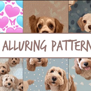 以下が含まれることがあります： かわいい茶色と白の犬をフィーチャーした6つの異なるパターン。パターンには、ハート、渦巻き、足跡が含まれています。画像の中央に「6 ALLURING PATTERNS」というテキストが表示されています。