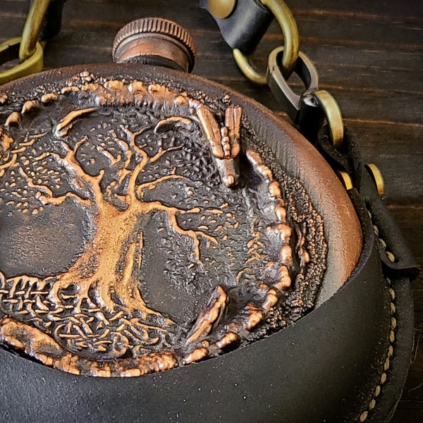 Jormungandr whiskey hip flask in leather case for Norse mythology connoiseurs