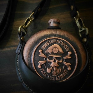 Steampunk pirate scull whiskey hip flask in leather holster