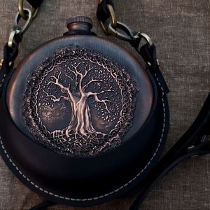 Yggdrasil whiskey hip flask in leather case for Norse mythology connoiseurs
