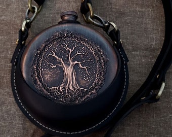 Yggdrasil whiskey hip flask in leather case for Norse mythology connoiseurs