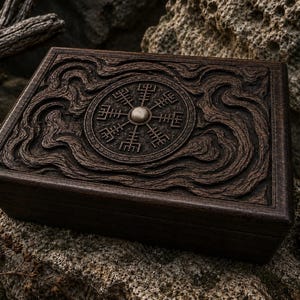 Vegvisir Nordisk Kompass Minneslåda Snidad Vikingaträkista