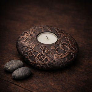 Pode incluir: Um castiçal de cor bronze, em forma de pedra, com um desenho de nós celtas. Uma vela branca está no centro. Duas pequenas pedras cinzentas estão de lado. O castiçal está sobre uma superfície de madeira escura.
