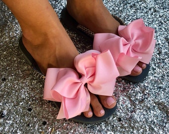 Pink Bow Custom Handmade Grey Havaianas Flip Flops Sandals