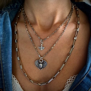 Silver Layered Necklace Set With Oxidized Fly Pendants