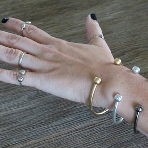 Open Cuff Bracelet, End Ball Bangle, Silver Ball Cuff Bracelet, Thin Silver Cuff Bracelet, Adjustable Silver Cuff, Open Bangle With Balls