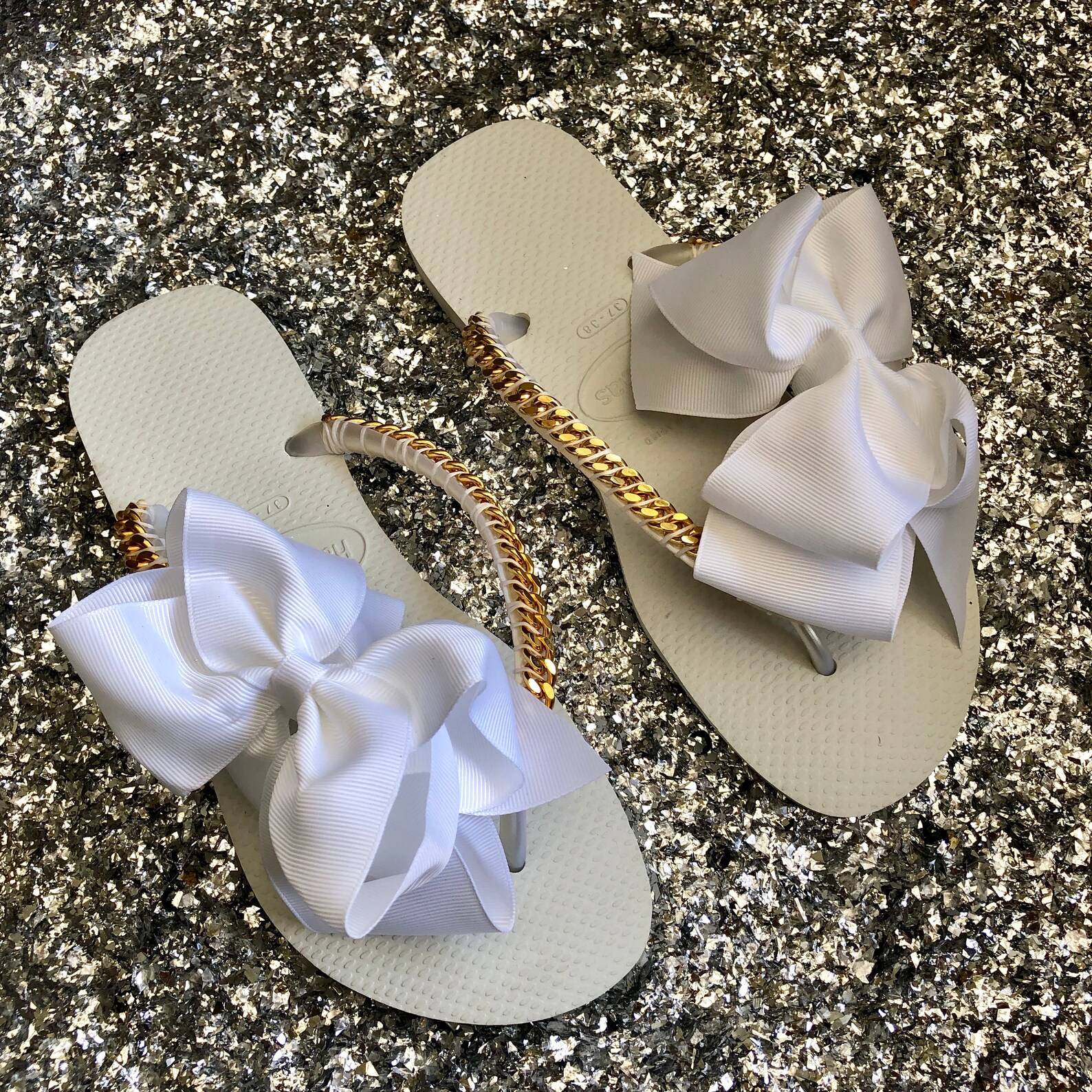 White Bow Havaianas Decorated Flip Flops Gold Curb Chain | Etsy