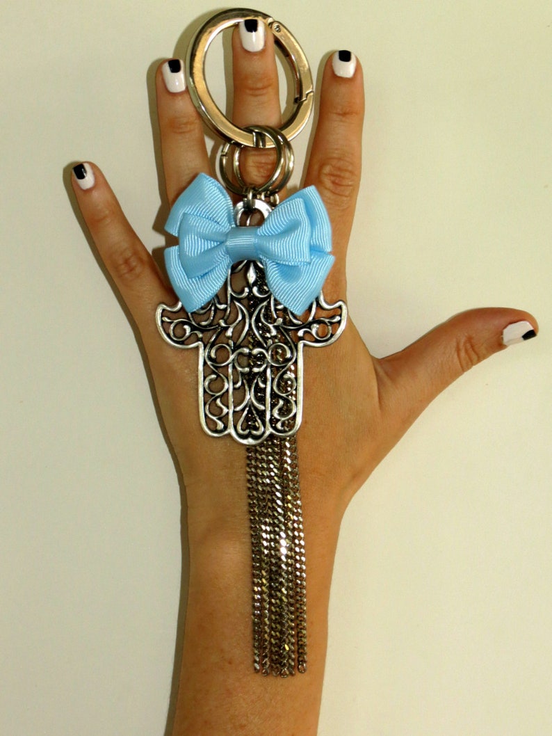 Blue Keychain Silver Keyring Bow Keychain Big Silver Keychain Hamsa Jewelry Silver Hamsa Keychain Keychains for Women Jewish keychain