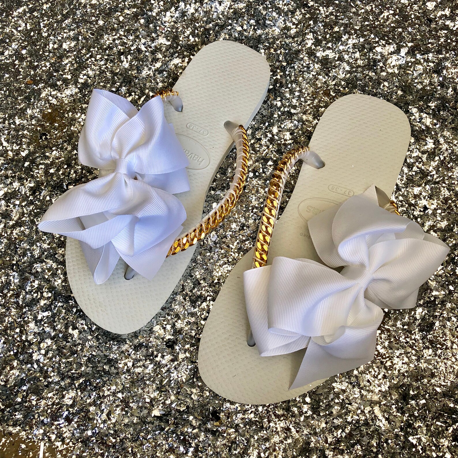 White Bow Havaianas Decorated Flip Flops Gold Curb Chain | Etsy